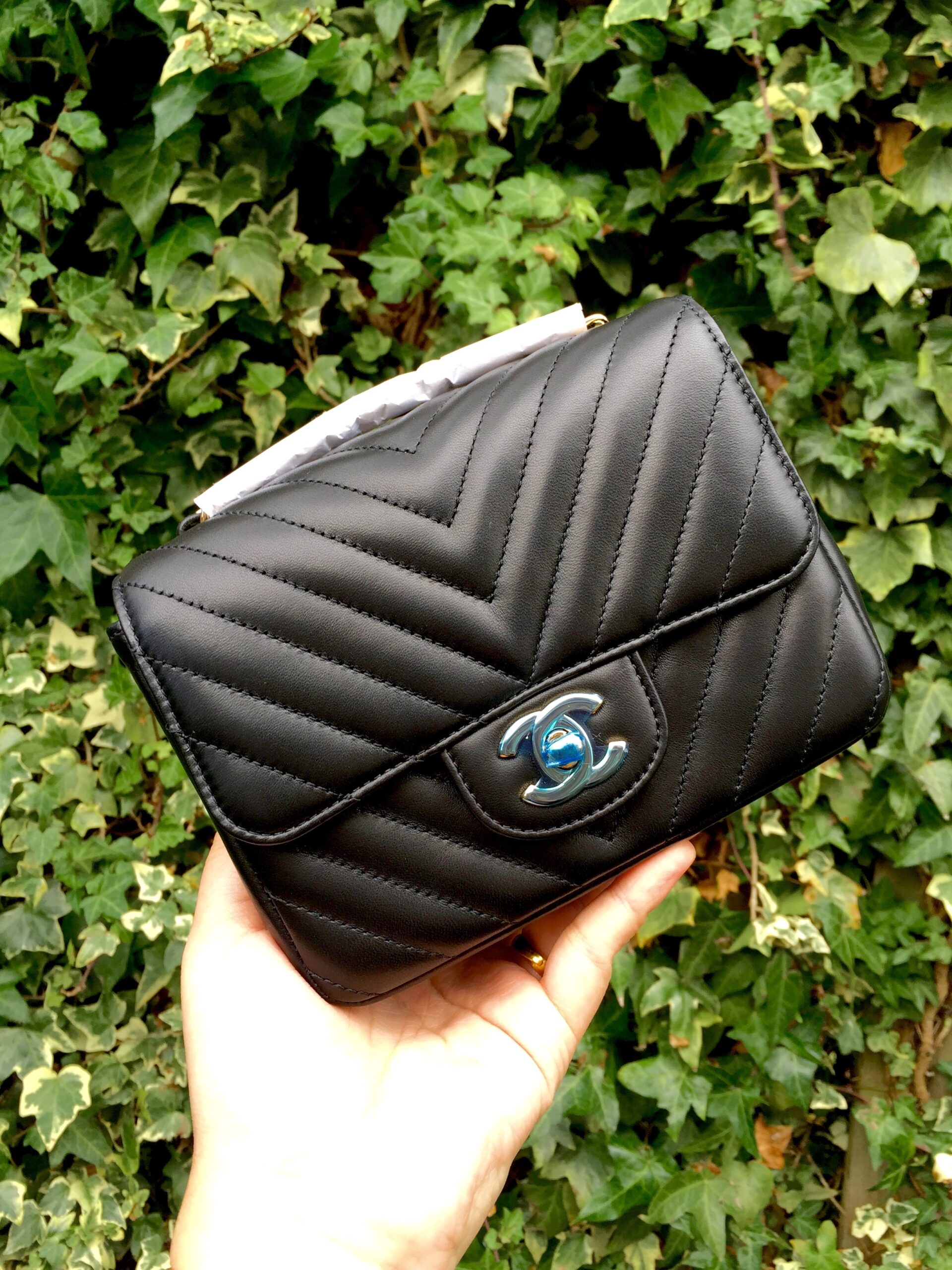 Chanel Classic Mini Flap Bag Black Lamb Skin Leather Handbag Chain