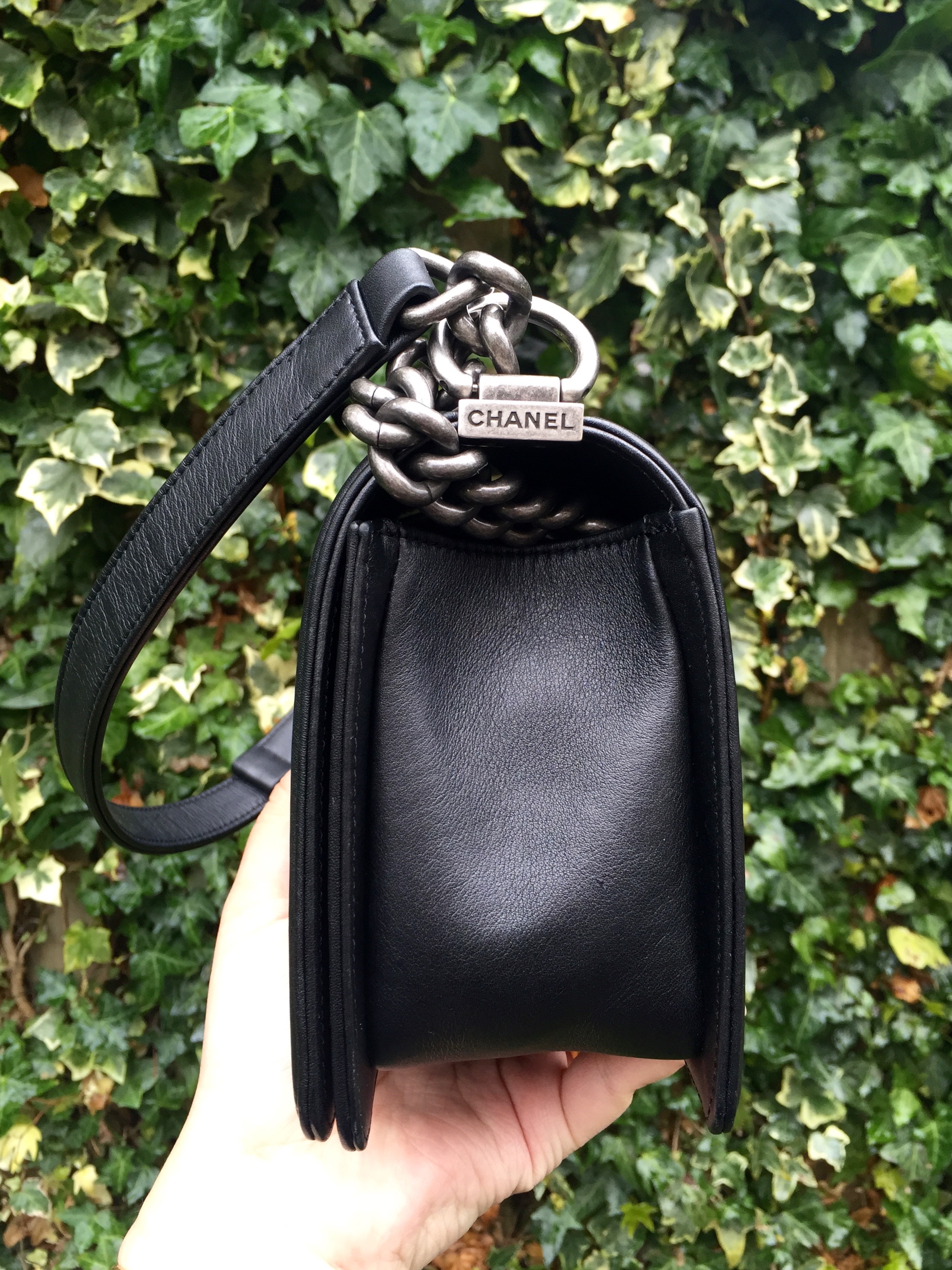 Boy chanel handbag, Calfskin & ruthenium-finish metal, black — Fashion