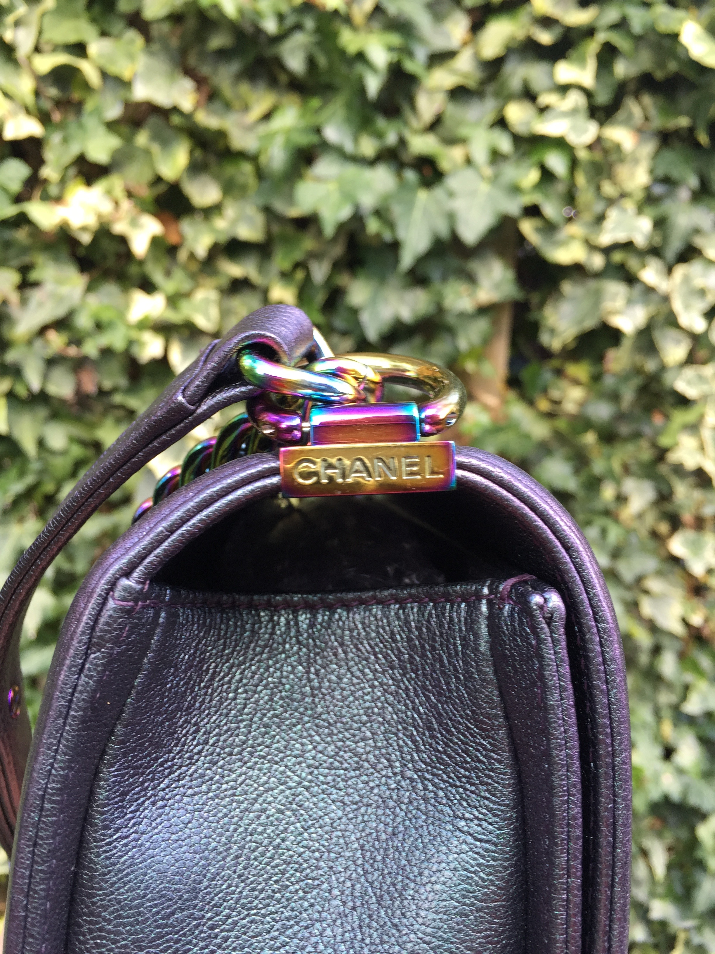 Authentic Chanel Boy Iridescent Bronze Rainbow Hardware Flap Bag