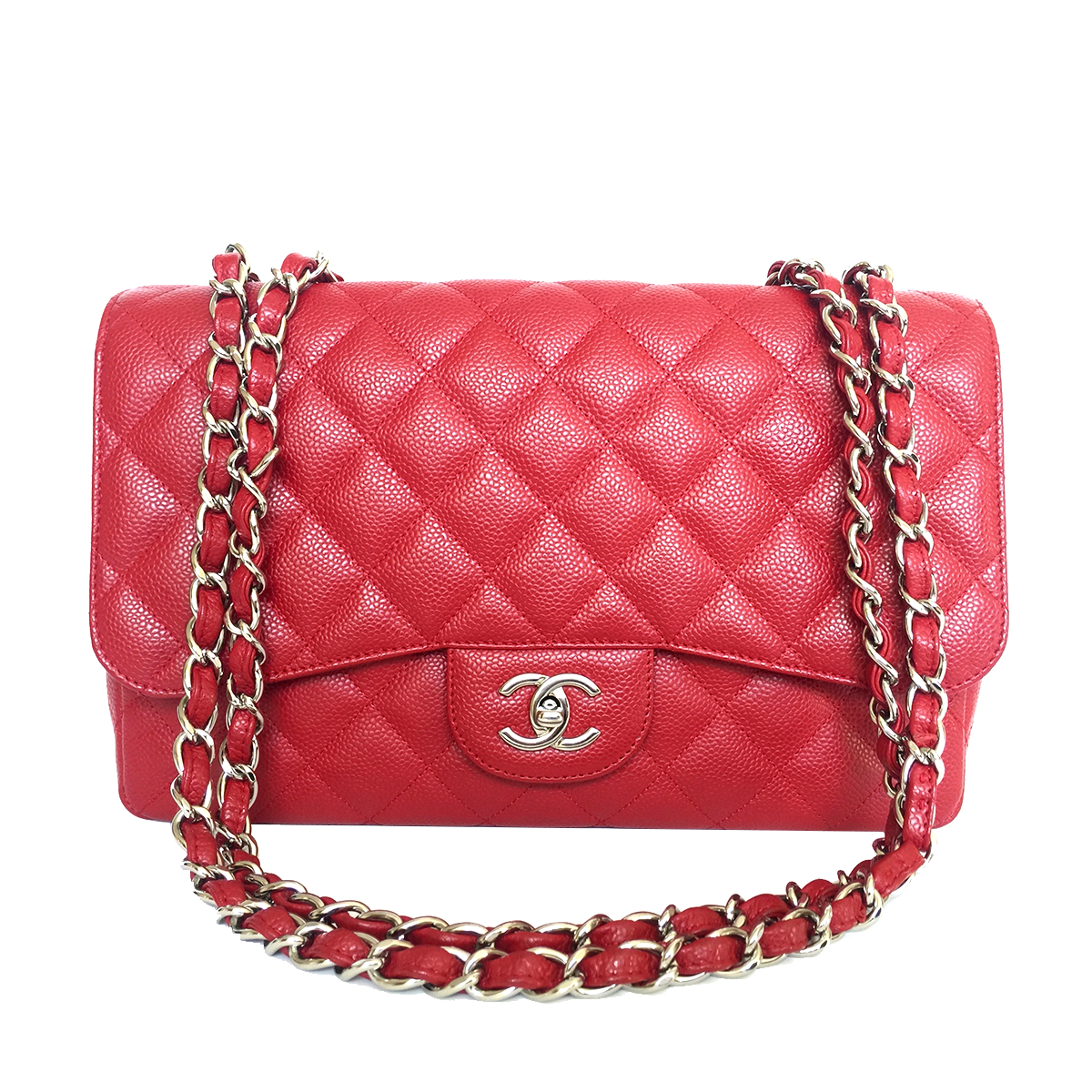 Red Quilted Caviar Medium Classic Double Flap Gold Hardware, 2019