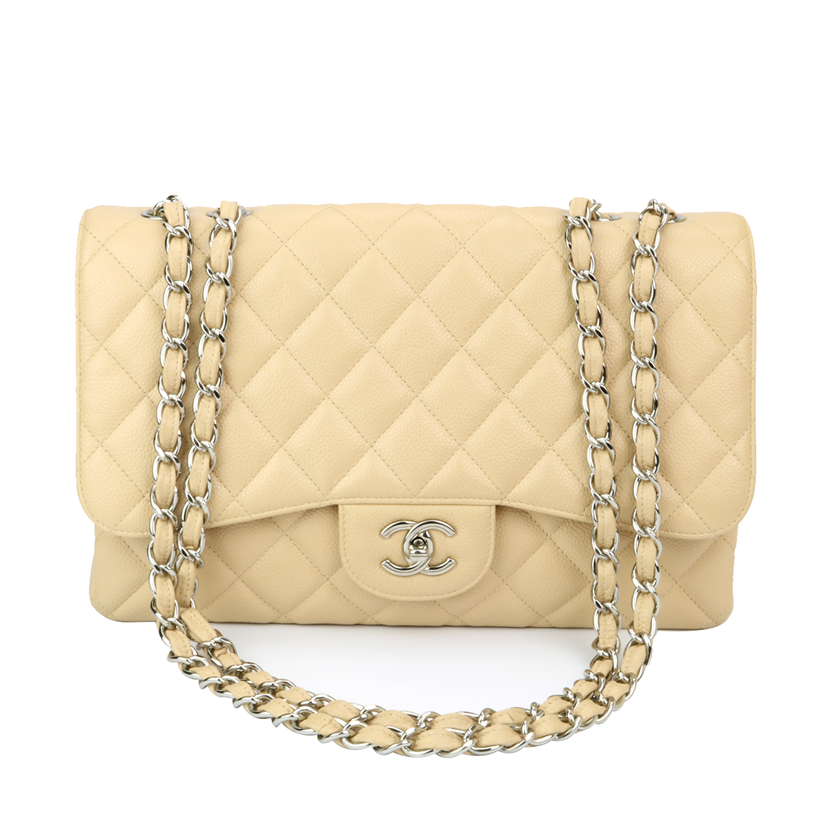 CHANEL Classic Single Flap Jumbo Beige Clair Caviar Silver Hardware ...