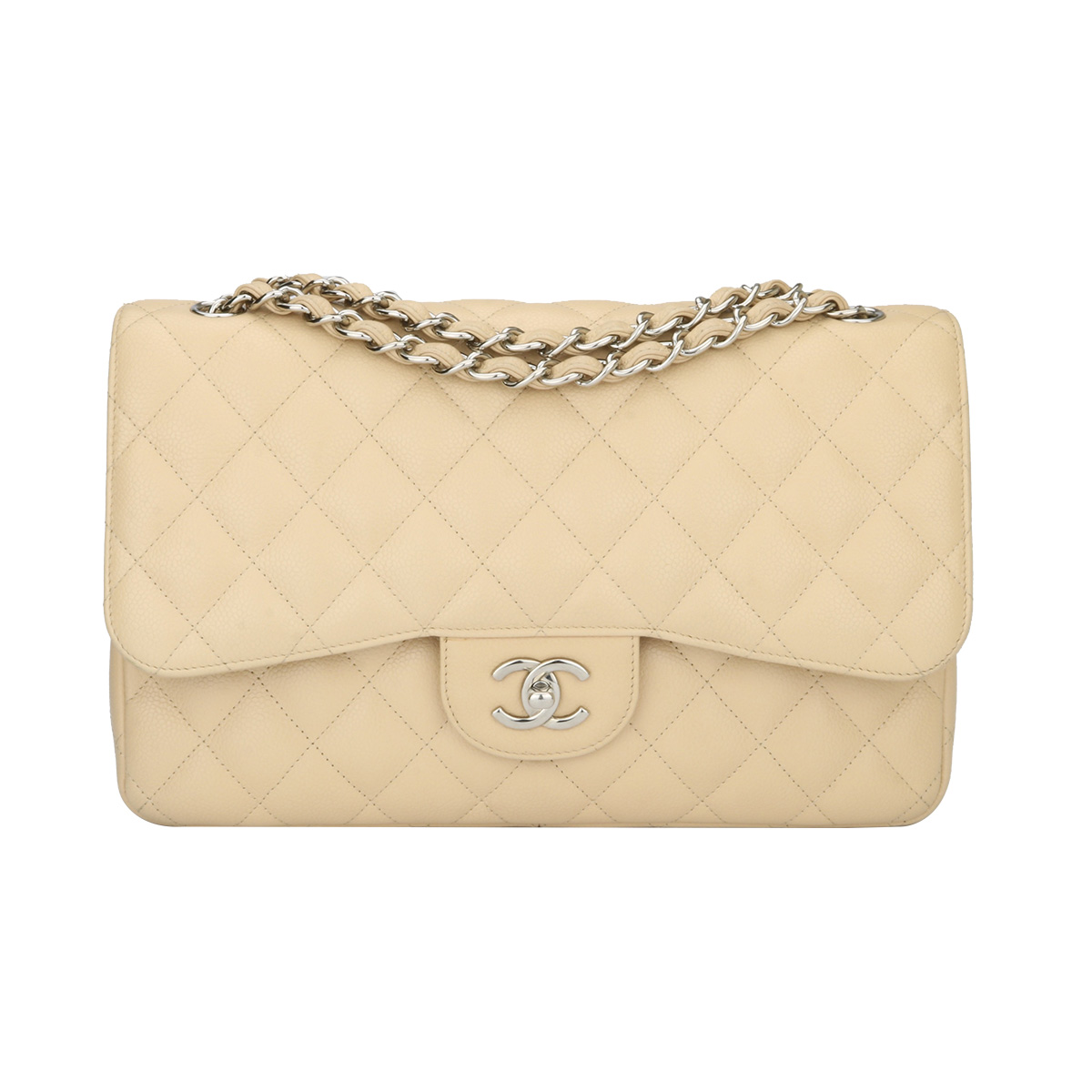 CHANEL Classic Double Flap Jumbo Beige Clair Caviar Silver Hardware 2011 -  BoutiQi Bags