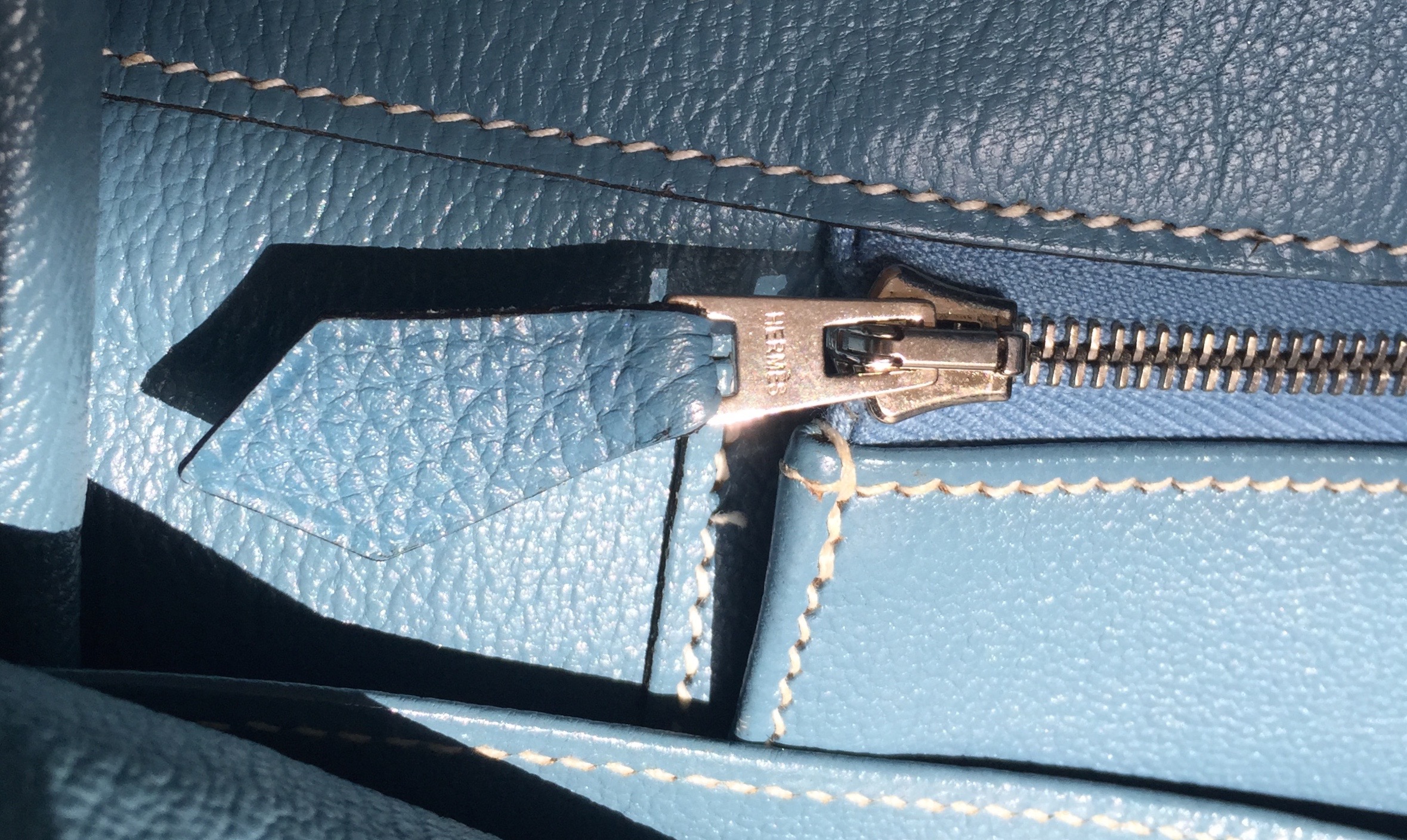 hermes birkin 35cm (stamp n square) blue jeans togo leather silver  hardware, with keys, dust cover & twilly pink & blue, no lock