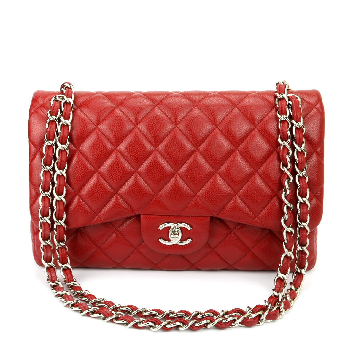 CHANEL Classic Double Flap Jumbo Red Caviar Silver Hardware 2011