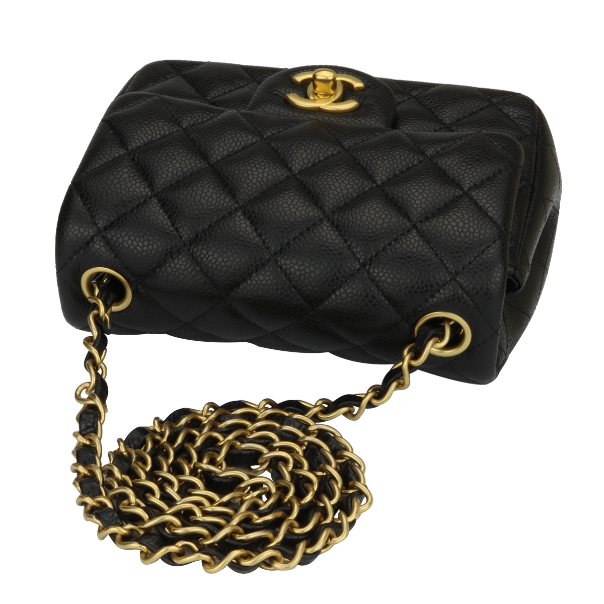 Chanel Classic Mini Square Caviar Black with Brushed Gold Hardware,  Preowned in Box GA002