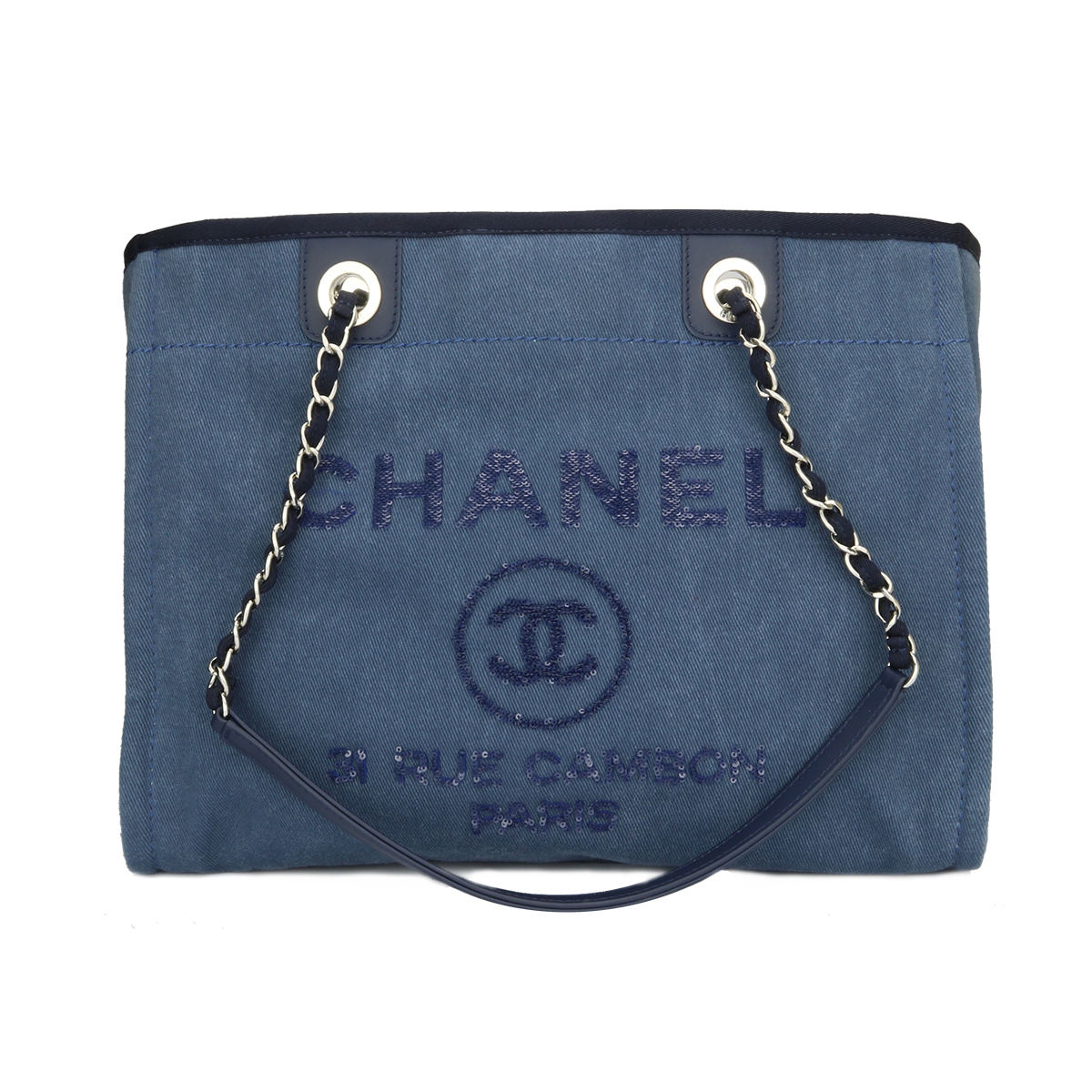 CHANEL Deauville Tote Blue Canvas Medium Silver Hardware 2016 - BoutiQi Bags