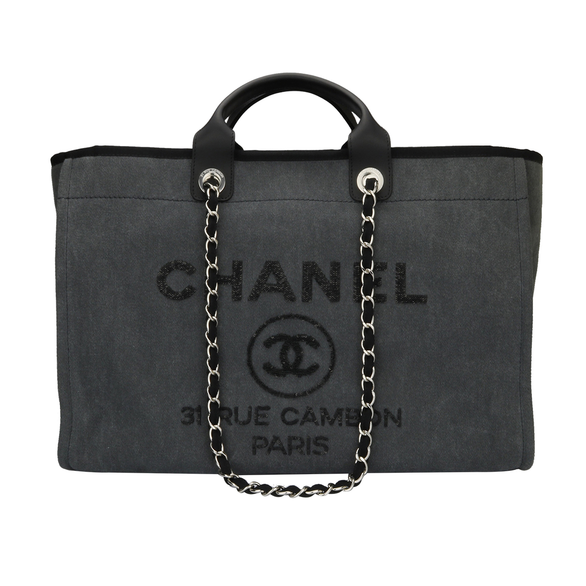 CHANEL Deauville Tote Grey Canvas Large Silver Hardware 2017
