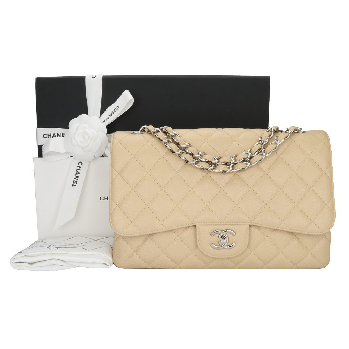 Chanel White Quilted Caviar Jumbo Classic Single Flap Silver Hardware, 2009- 2010 Available For Immediate Sale At Sotheby's
