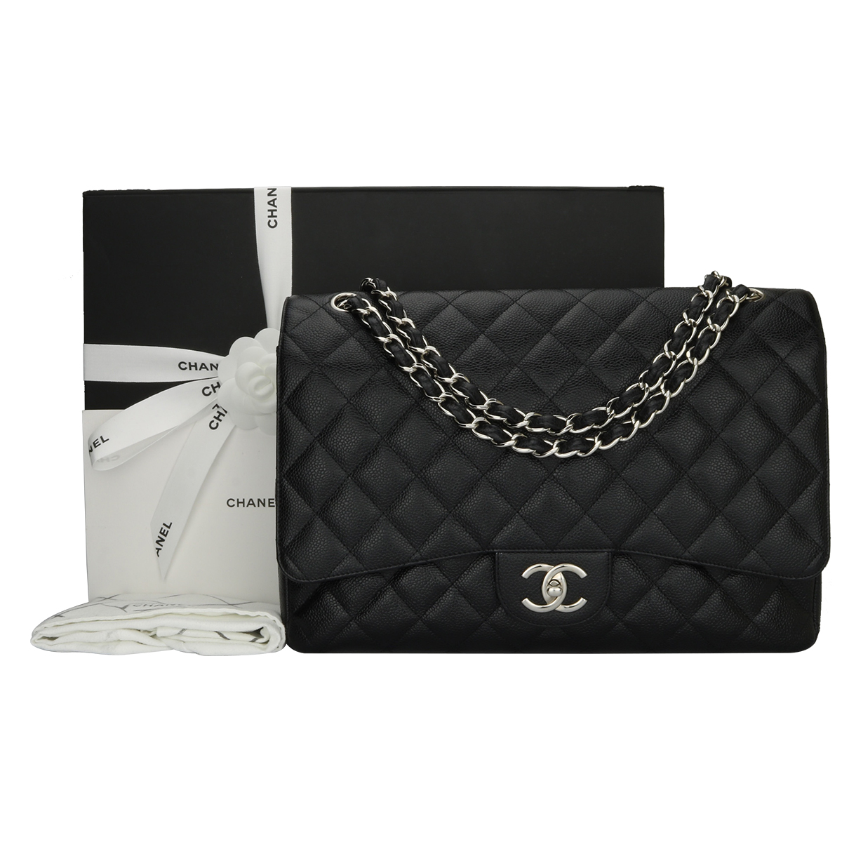 CHANEL Double Flap Maxi Black Caviar Silver Hardware 2012 - BoutiQi Bags