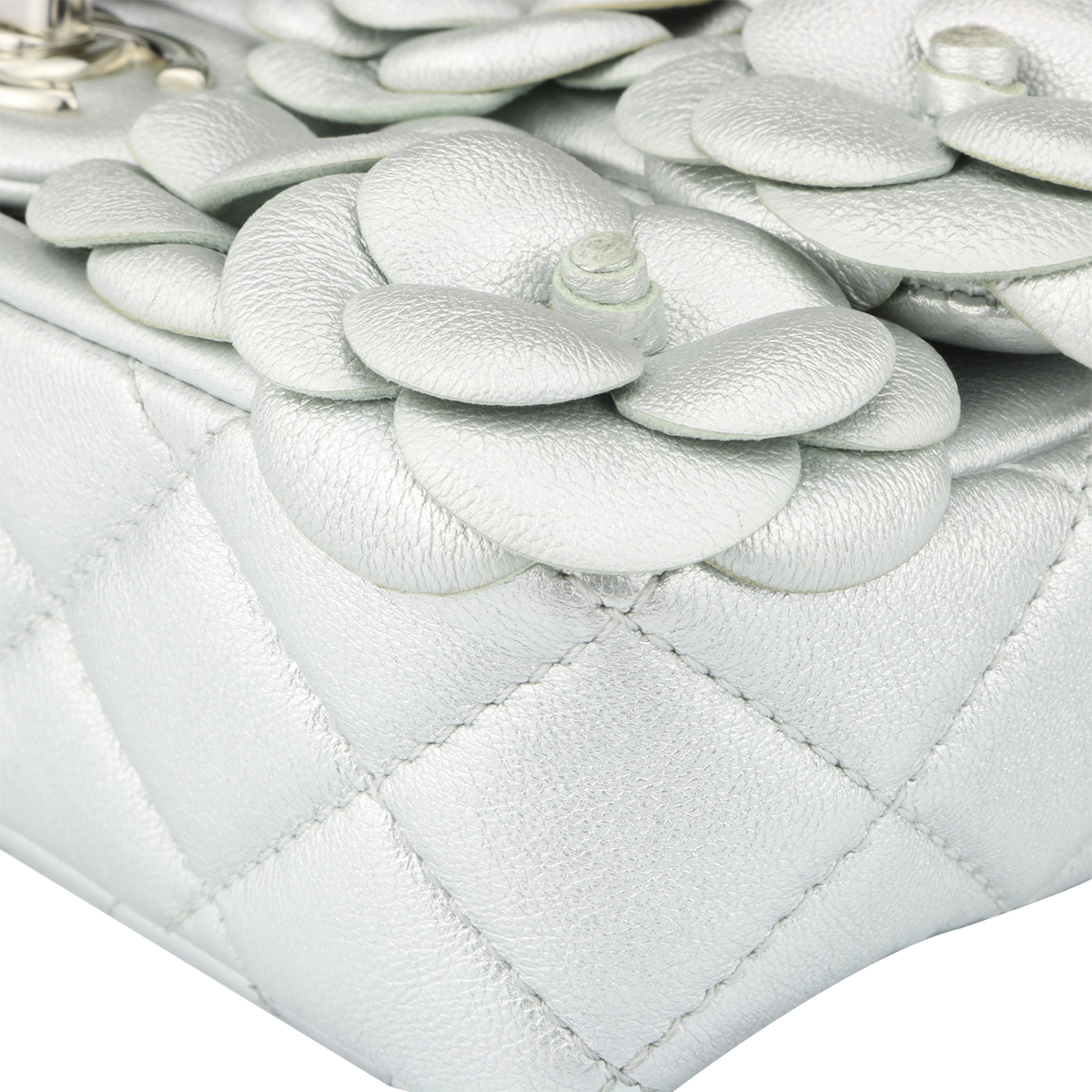 Chanel Metallic Silver Lambskin Leather Camellia Evening Bag., Lot #58339