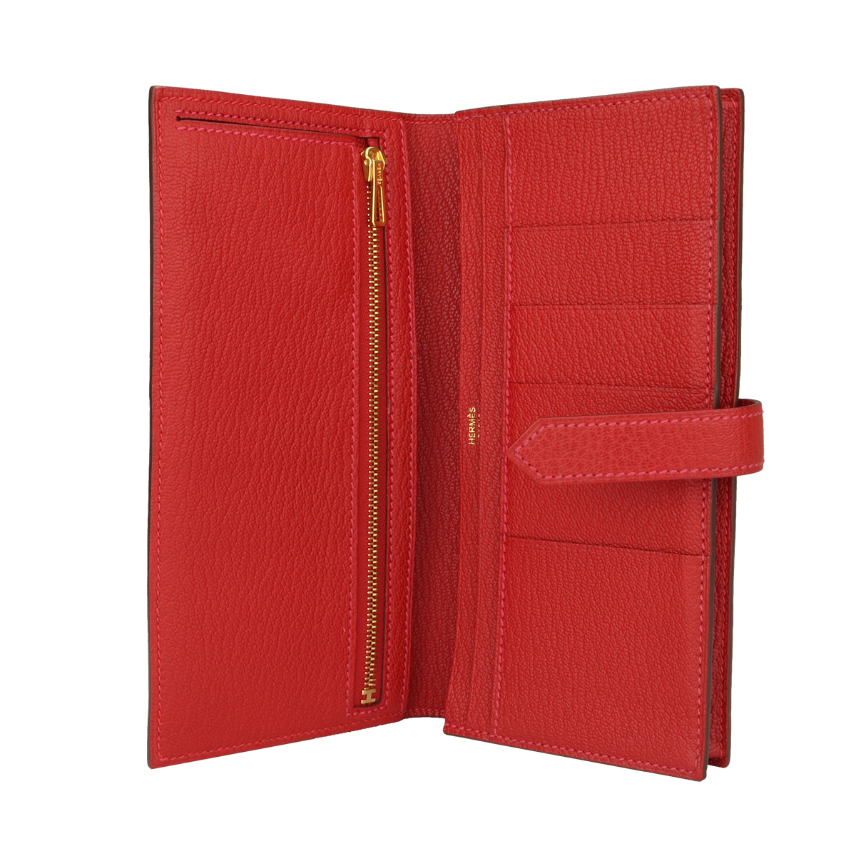Hermès Bearn Wallet Q5 Rouge Casaque Goatskin with Gold Hardware Stamp ...