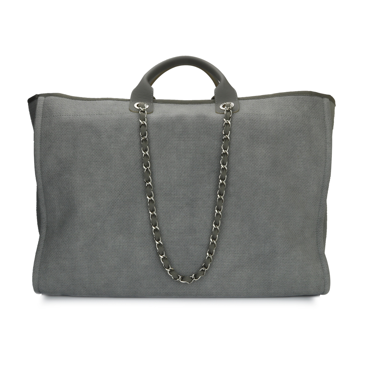 CHANEL Deauville Tote XL Grey Canvas Silver Hardware 2015 - BoutiQi Bags
