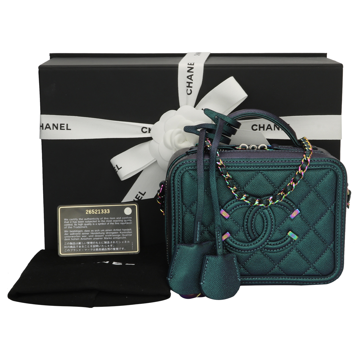 CHANEL Iridescent Caviar Quilted Small CC Filigree Vanity Case Dark  Turquoise 323768