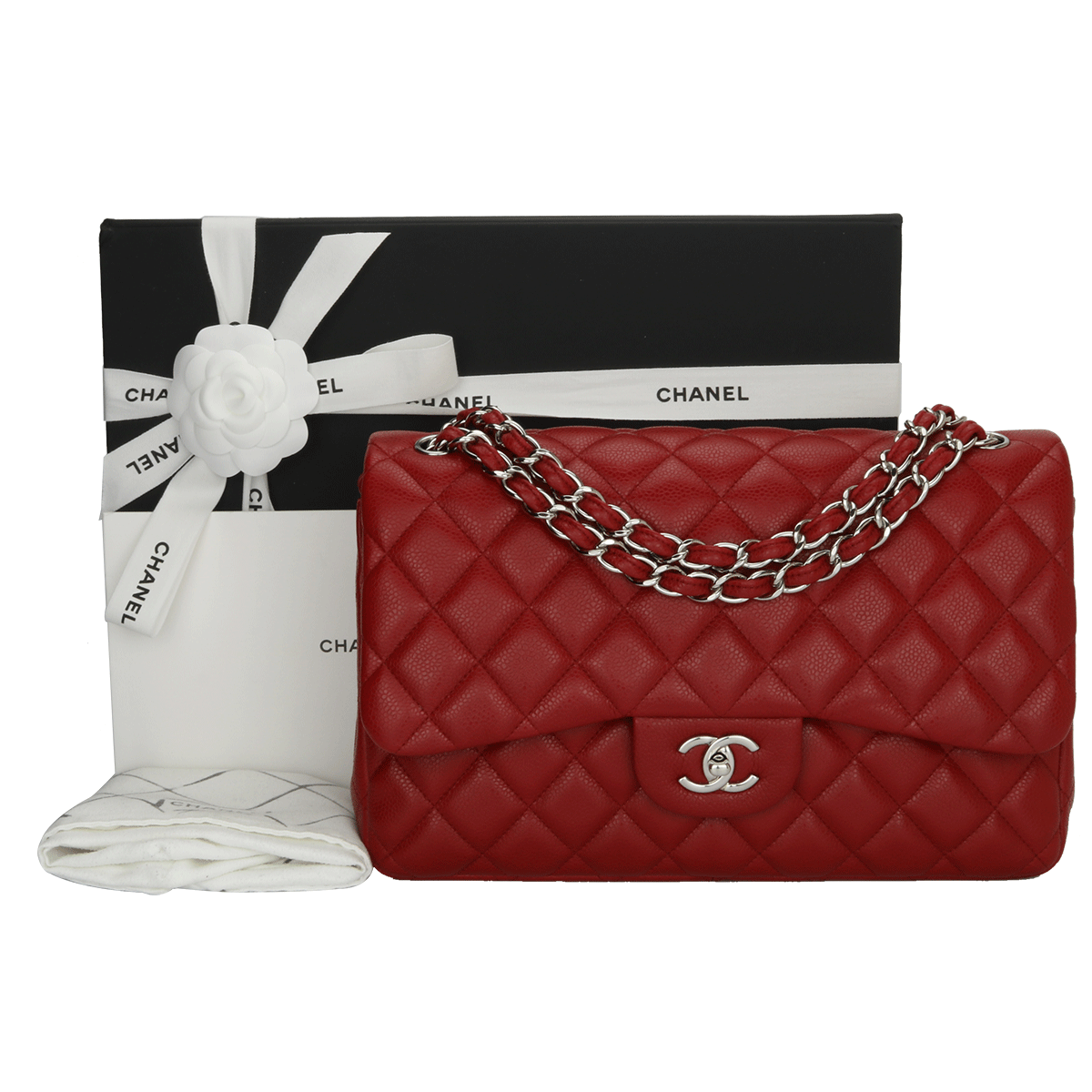 CHANEL Double Flap Jumbo Red Caviar Silver Hardware 2010 - BoutiQi Bags