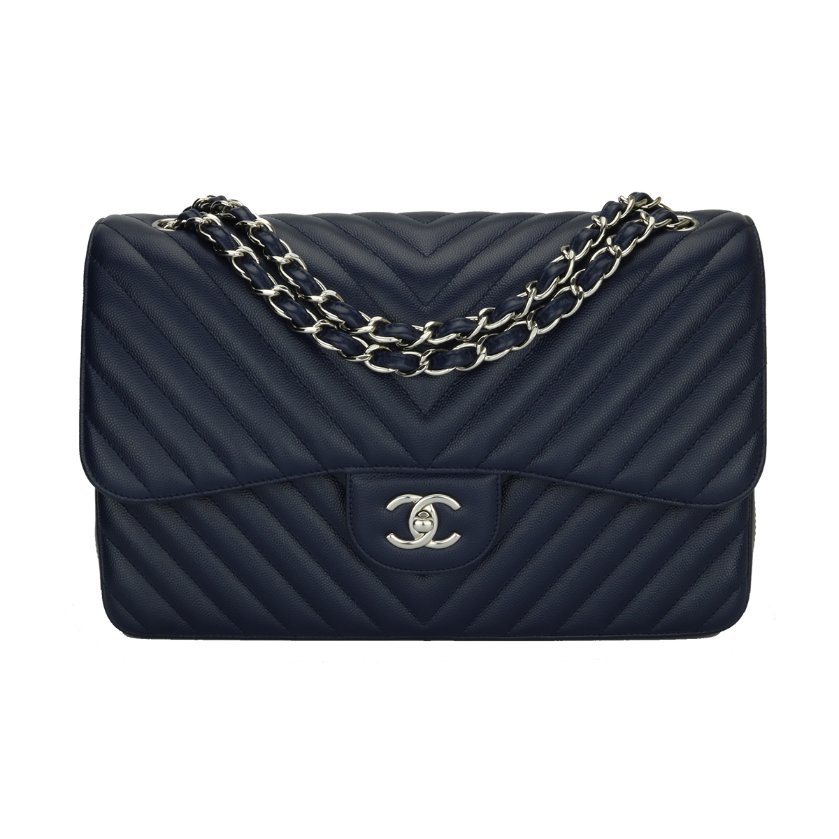 Cobalt Chevron Quilted Caviar Jumbo Classic Double Flap Silver Hardware,  2016-2017