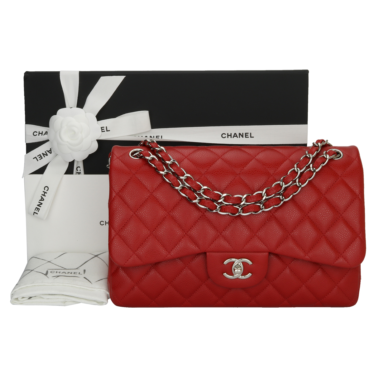 CHANEL Double Flap Jumbo Red Caviar Silver Hardware 2014 - BoutiQi Bags