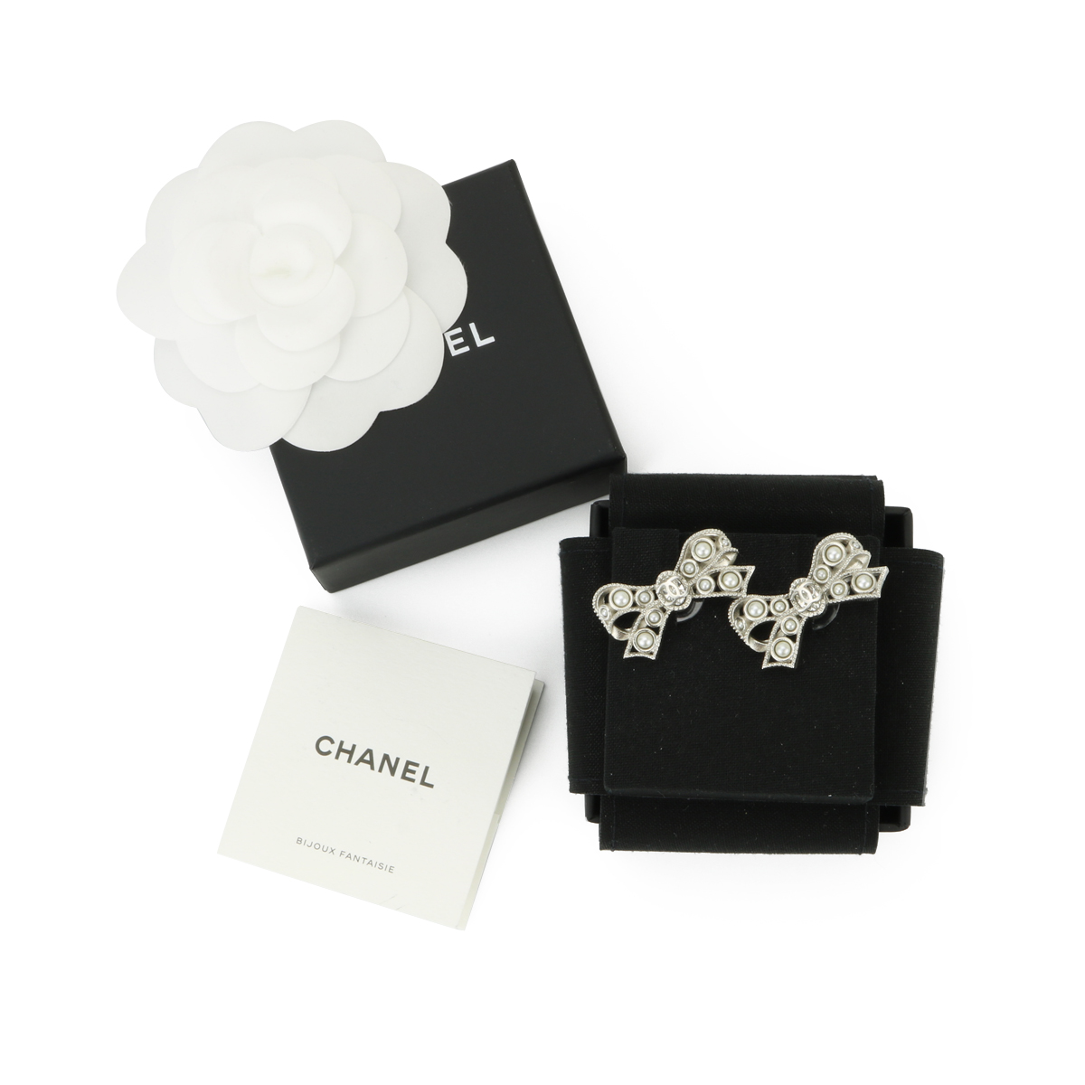 Chanel Silver CC Ribbon Bow Crystal Tear Drop Pearl Piercing Earrings