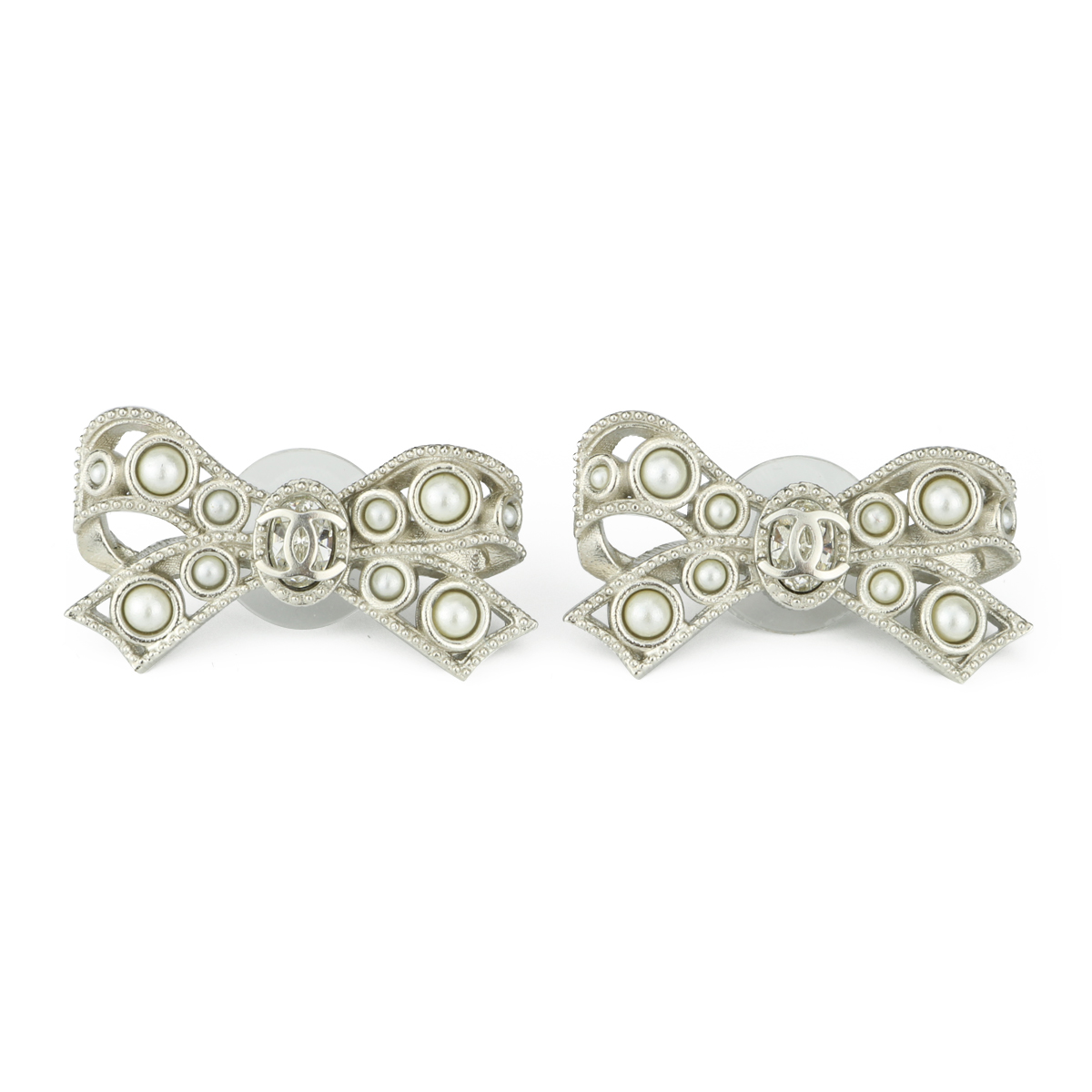 CHANEL Crystal CC Bow Dangle Earrings Silver 973371