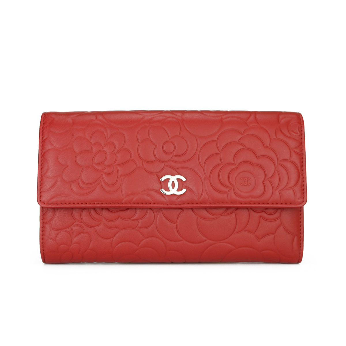 CHANEL Camellia Embossed Long Flap Wallet Red Lambskin Silver Hardware 2012  - BoutiQi Bags