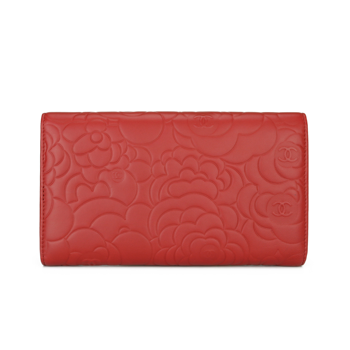CHANEL Camellia Embossed Long Flap Wallet Red Lambskin Silver Hardware 2012  - BoutiQi Bags